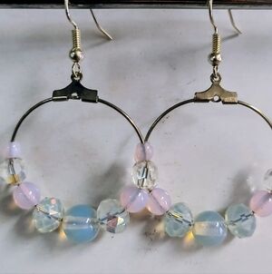 Elegant, Genuine Gemstone Hoop Earrings. Opal, Pink Opal & AB Quartz Crystal.